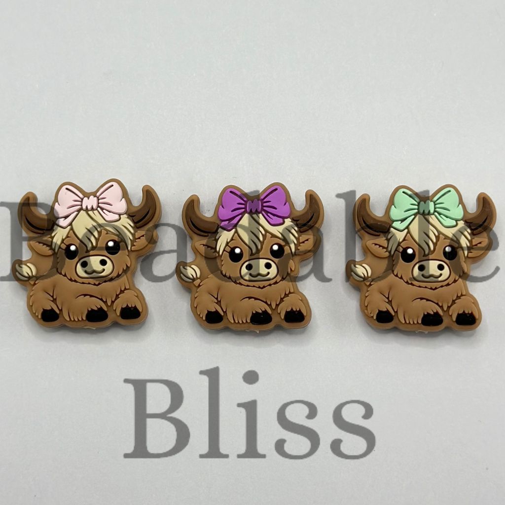 Brown Highland Cow Calf with Bowtie Silicone Focal Beads Random Mix