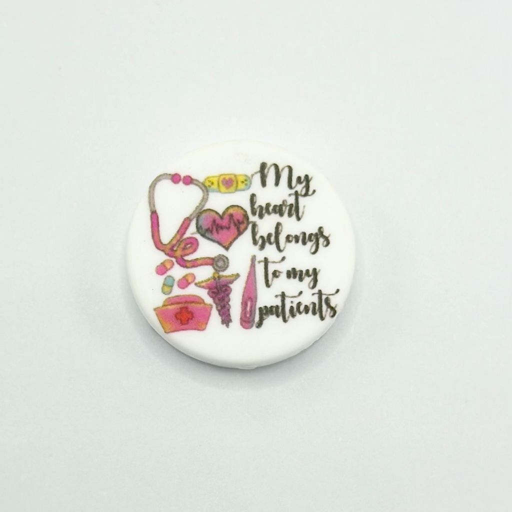 Nurse stethoscope with "My Heart Belongs to My Patients" Text Round Silicone Focal Beads