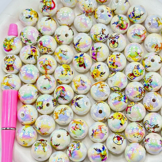 Cute Christmas Reindeer Round Acrylic Beads Random Mix, 16mm