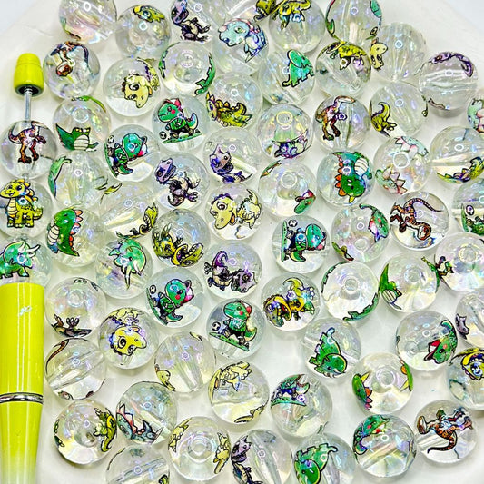 Clear Cute Cartoon Baby Dinosaurs Transparent Round Acrylic Beads 16mm Random Mix