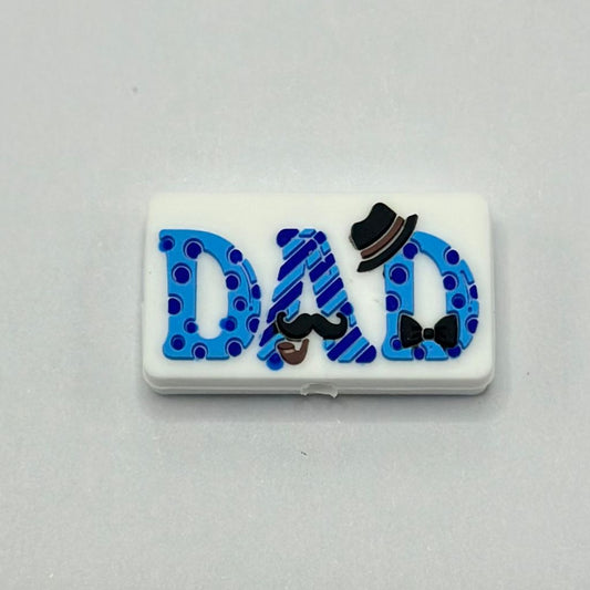 Blue Dad Text with Mustache Hat Bowtie, Father Daddy Silicone Focal Beads