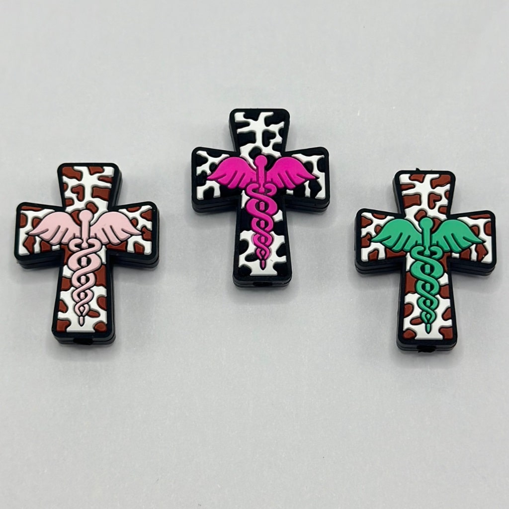 Cow Print Cross Religious Medicals Doctor Nurse Cross Wings Silicone Focal Beads