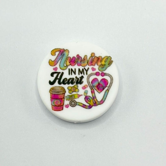 Nurse Drink Stethoscope with "Nursing in My Heart" Text Round Silicone Focal Beads