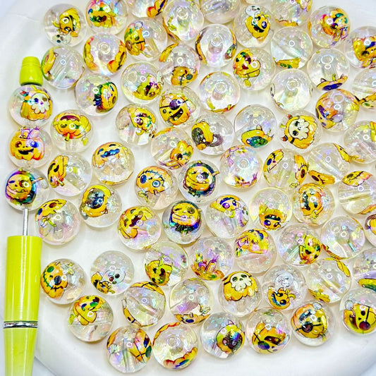 Halloween Pumpkin with Ghost Face Round Acrylic Beads 16mm Random Mix