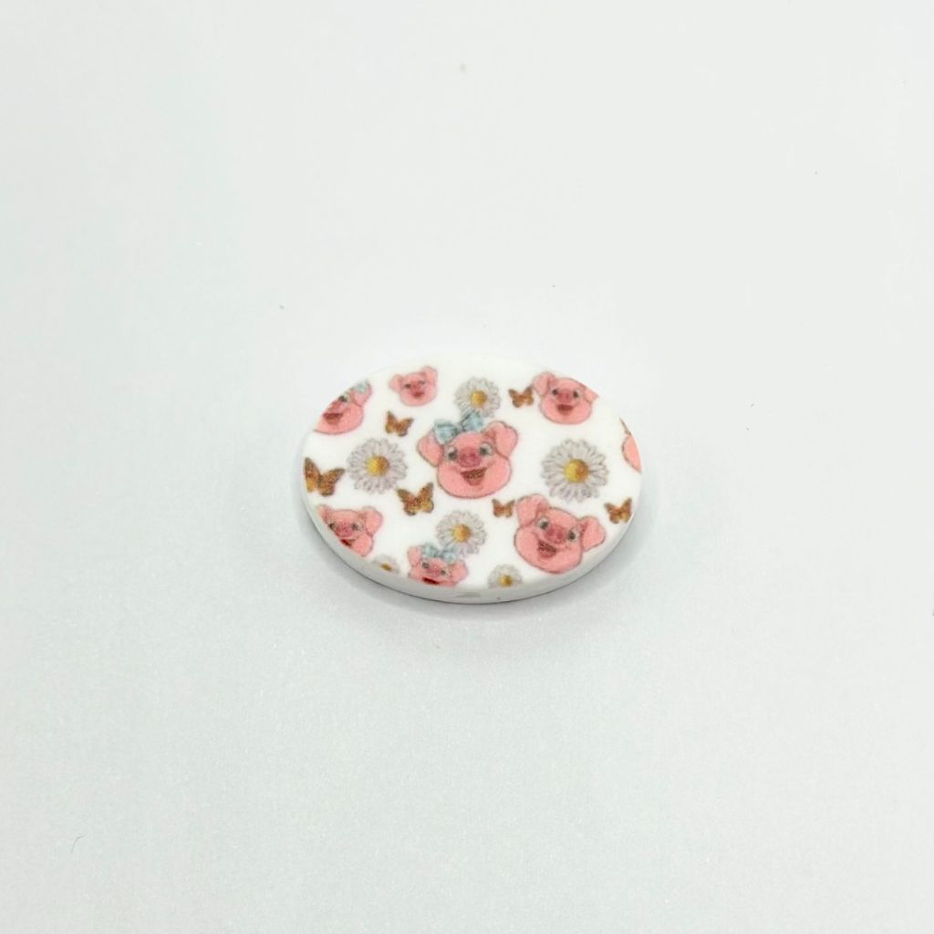 Pig Head with White Daisy Flowers and Butterflies Oval Silicone Focal Beads