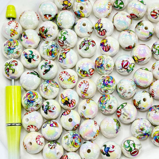 Christmas Candycane with Gifts Round Acrylic Beads, Random Mix, 16mm