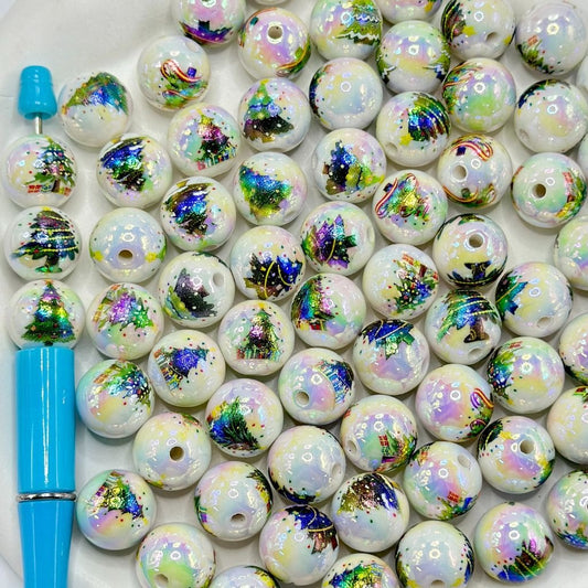 Bright Christmas Tree Printed Round Acrylic Beads, 16mm, Random Mix