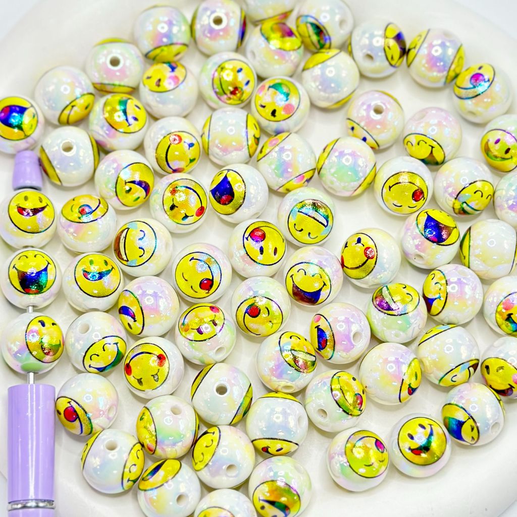 Yellow Smiley Happy Faces Round Acrylic Beads 16mm Random Mix