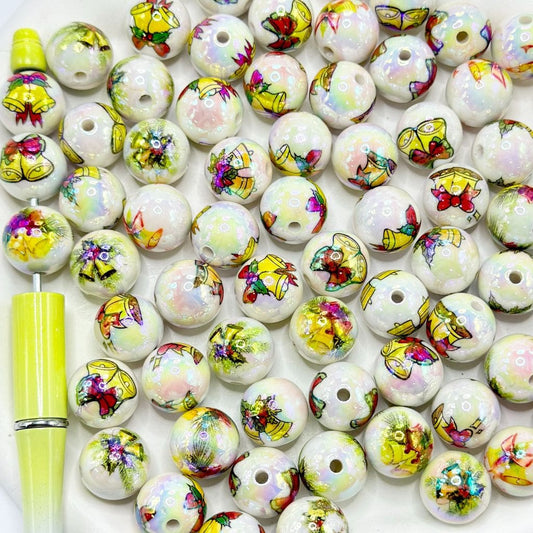 Christmas Jingle Bell Gifts Round Shiny Acrylic Beads, 16mm, Random Mix