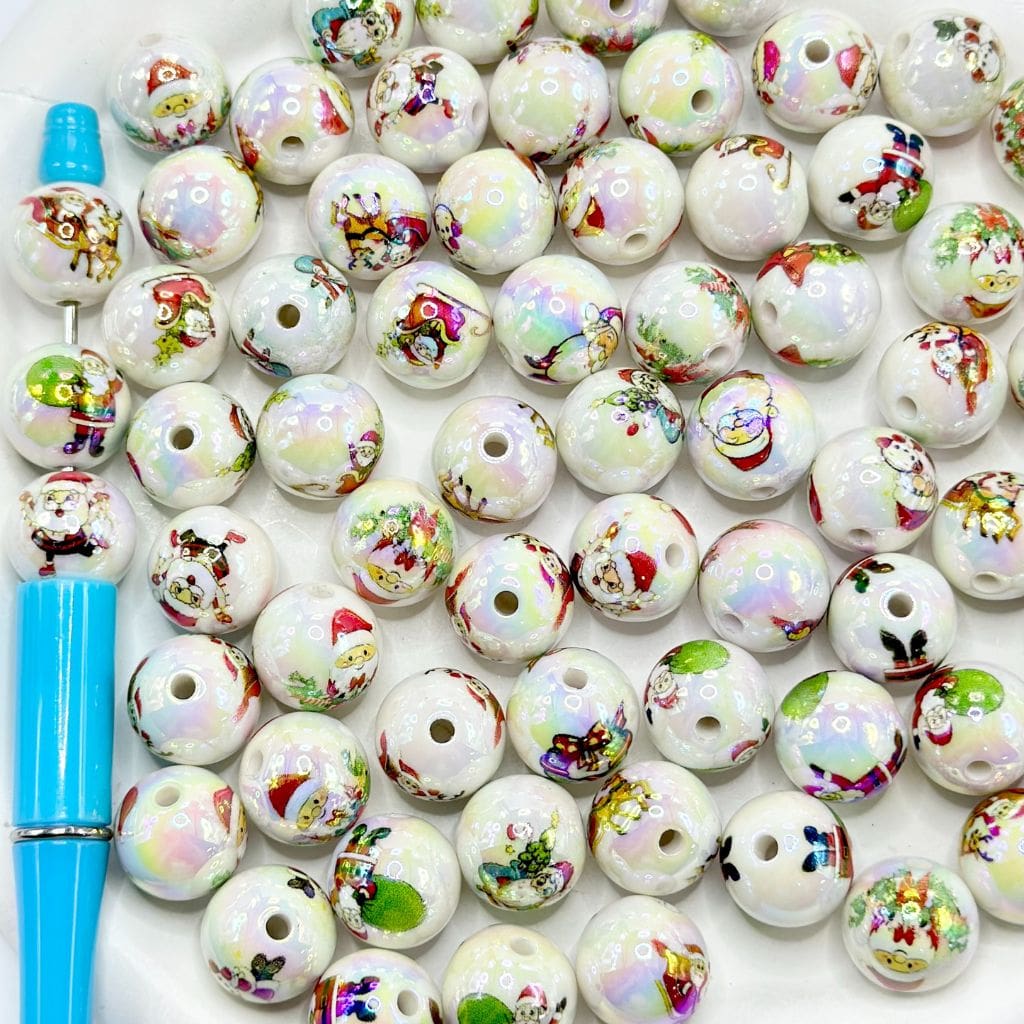 Beautiful Christmas Santa Claus Prints White Round Multi-Color Acrylic Beads, 16mm, Random Mix