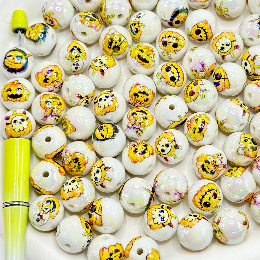 Halloween Pumpkin Cute Ghost Scary Round Acrylic Beads 16mm, Random Mix