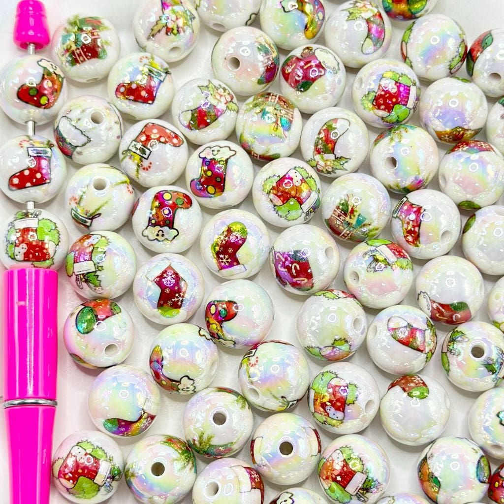 Round White Red Christmas Socks Gift Items Acrylic Beads, Random Mix,16mm