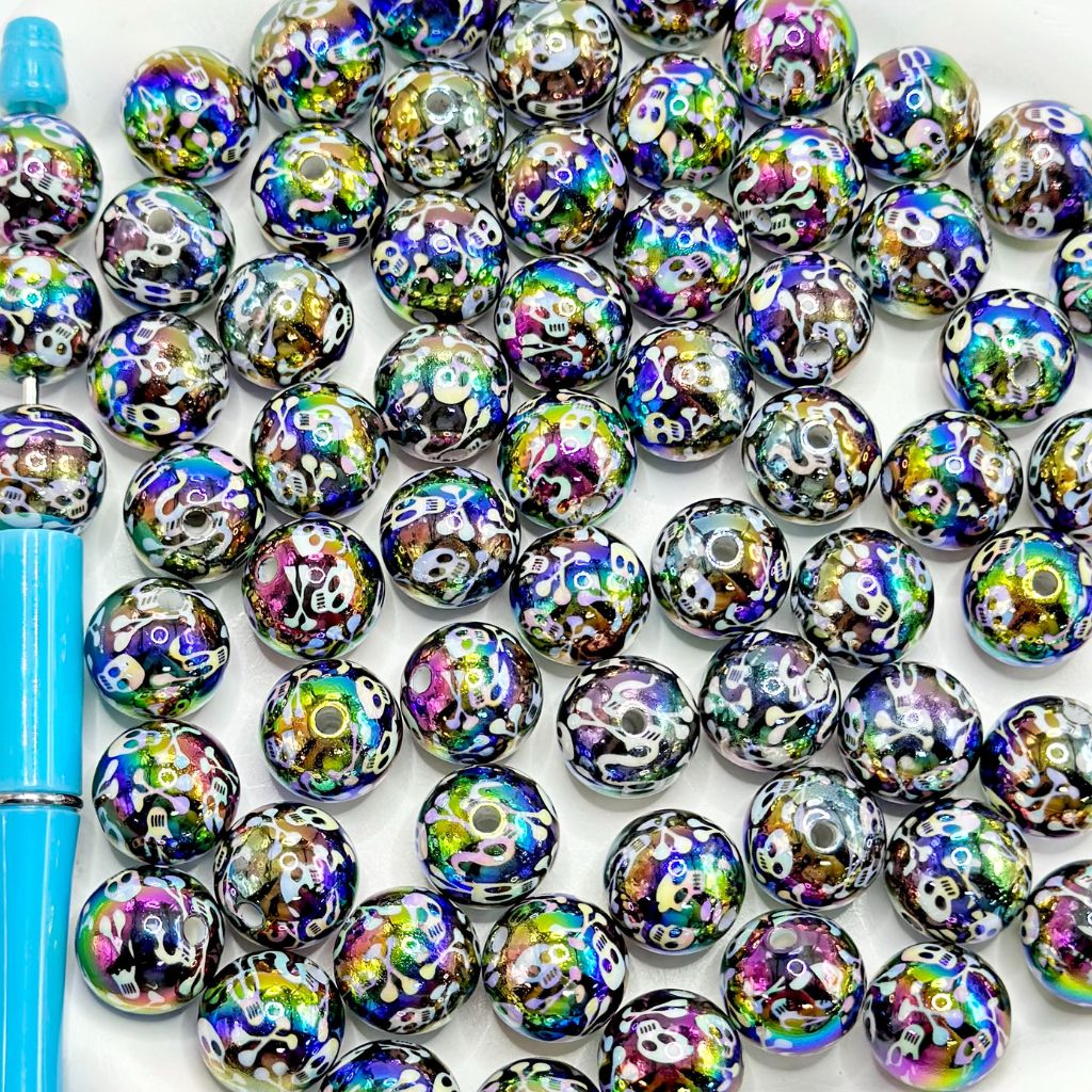 UV Finish Round Face Dark Black Skull Danger of Death Acrylic Beads 16mm