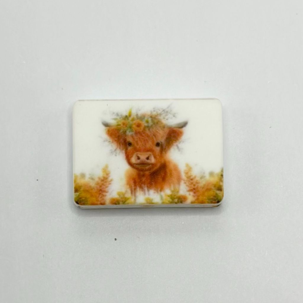 Brown Highland Cow Calf with Garland Flowers Silicone Focal Beads