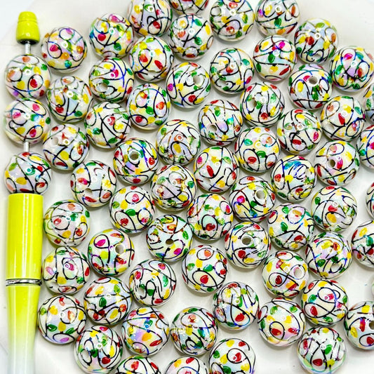 Christmas Swirls Flowers Lights Pattern Round Acrylic Beads 16mm