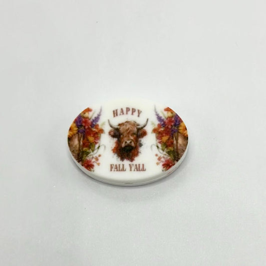 Happy Autumn to Everyone Happy Fall Y'all Cow with Colorful Flowers Ellipse Silicone Focal Beads