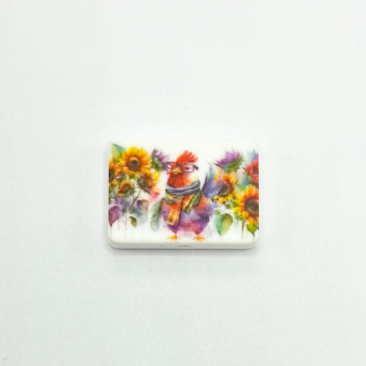 A Cock Wearing Glasses Around Colorful Flowers Silicone Focal Beads