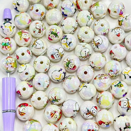 Christmas Santa Hat Snowman Round Acrylic Beads, Random Mix, 16mm