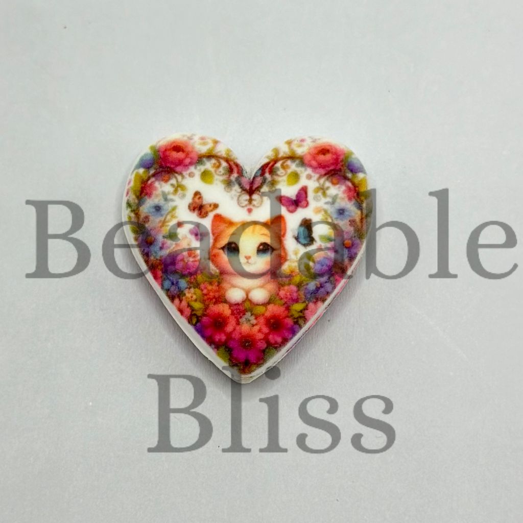 Lovely Cute Cat Kitten with Multicolored Butterflies and Flowers Heart Shaped Silicone Focal Beads