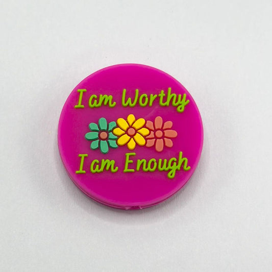 I am Worthy, I am Enough Text with Colorful Flowers Round Silicone Focal Beads