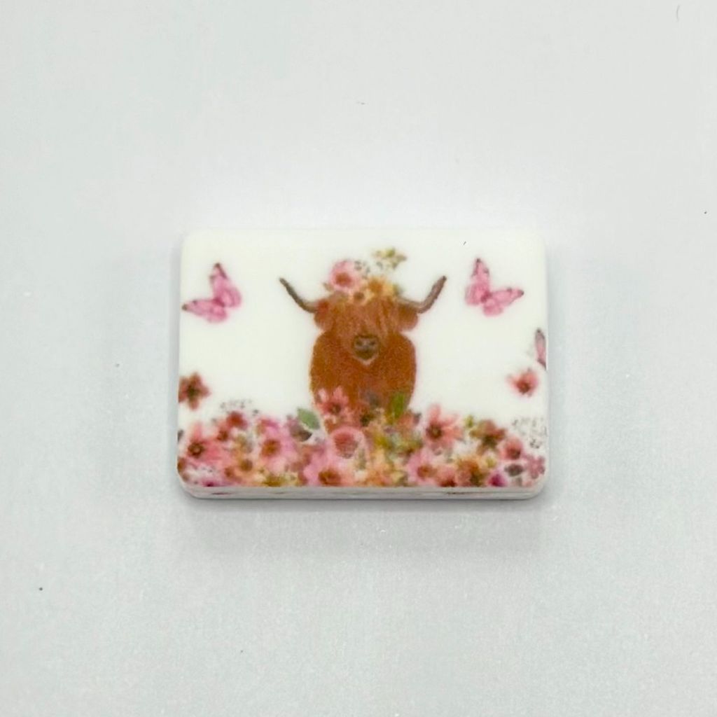 Highland Cow Calf with Garland Pink Flower Bush and Butterflies Silicone Focal Beads