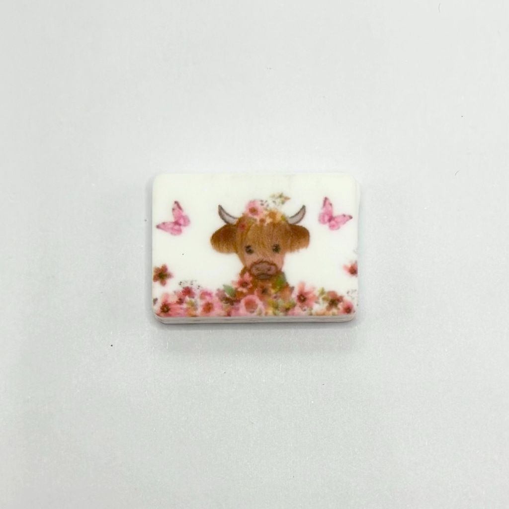 Highland Calf on Pink Flowers Field and Butterflies Around Silicone Focal Beads