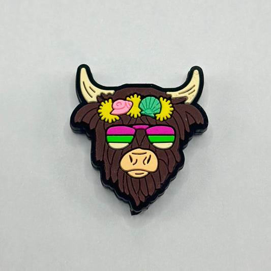 Cute Highland Cow with Wreath, Sunglasses, Yellow Flowers, and Seashell Silicone Focal Beads