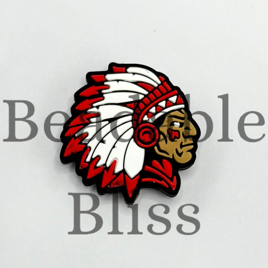 Native American Red Indian Warrior Chief Head with Red and White Feathers Silicone Focal Beads