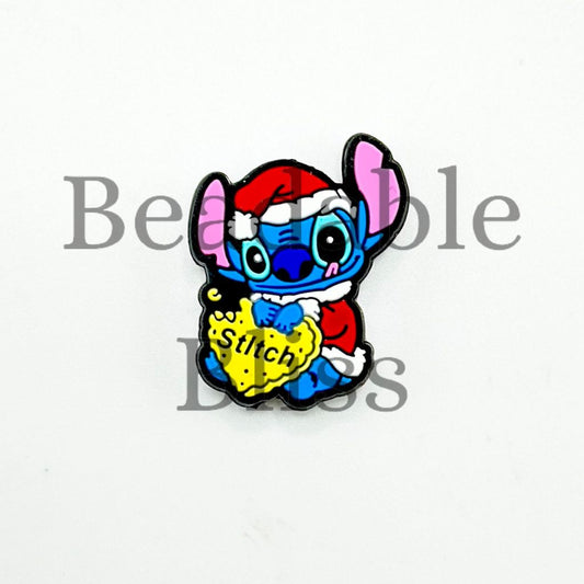 Blue Stetch Cartoon Character Wearing Santa Red Hat Silicone Focal Beads