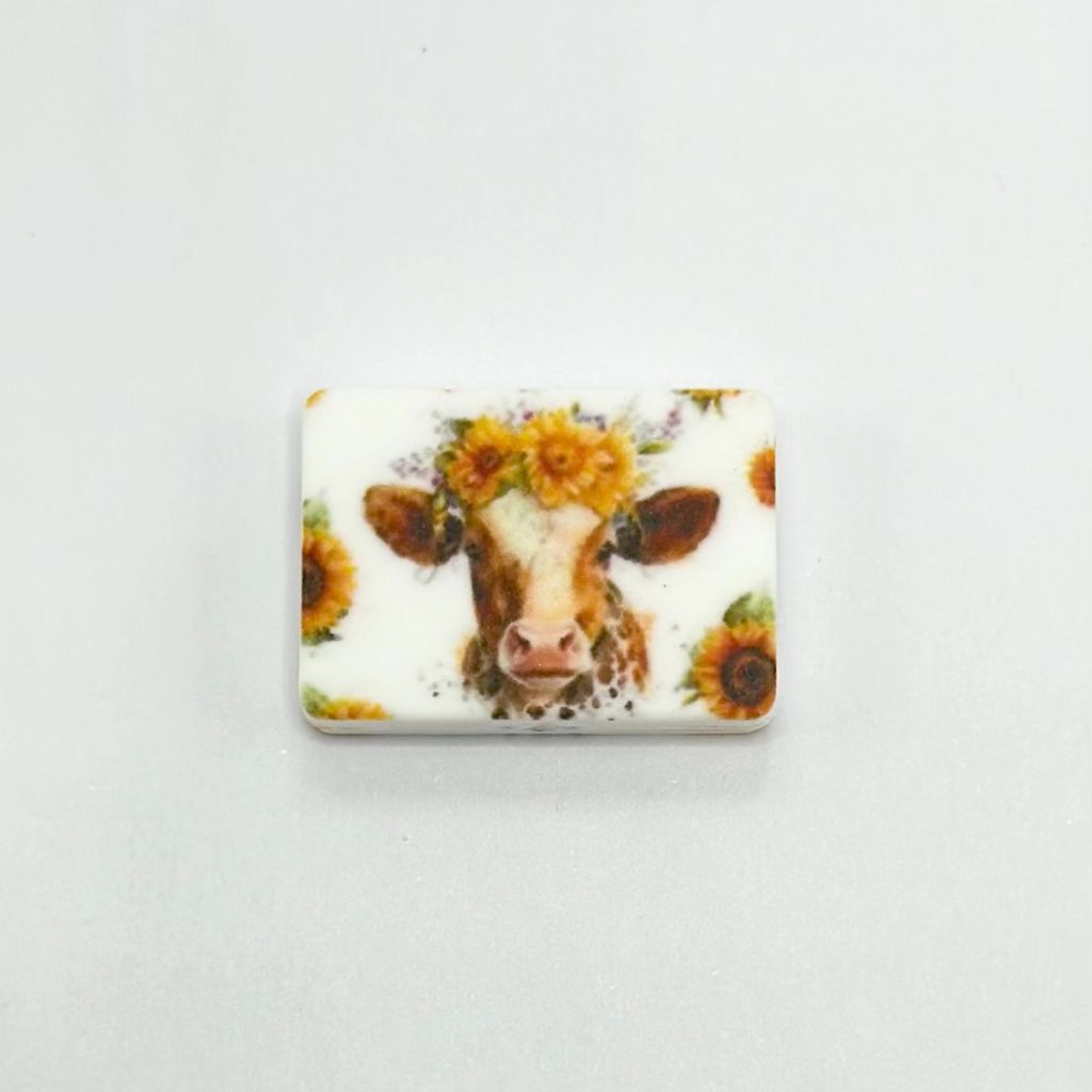 Gold-Brown Cow with Sunflower Garland on Head Silicone Focal Beads