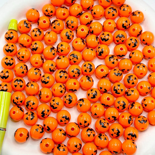 Halloween Pumpkin Orange Ghost Face Round Acrylic Beads 12mm