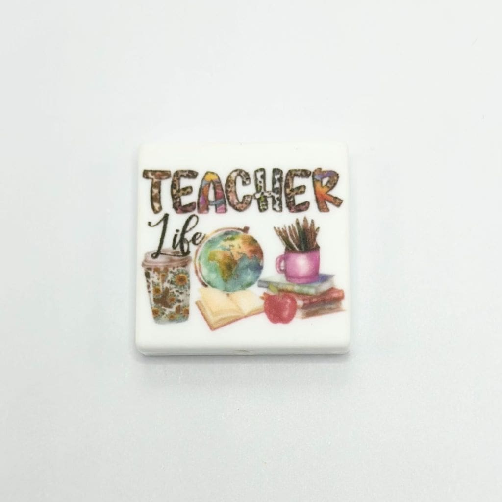 Teacher Life, Teacher Lovers Vibes with Globe, Book Coffee Cup Silicone Focal Beads