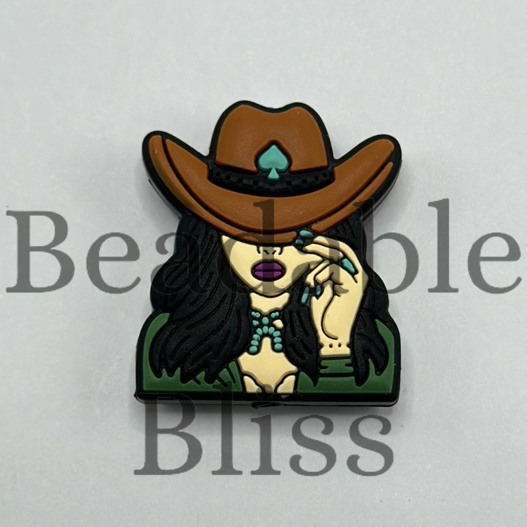 A Cowgirl with Brown Hat and Teal Gemstone Necklace Silicone Focal Beads