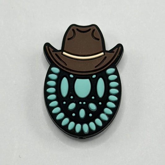 Teal Brown Cowboy Hat Hat with Polka Dots Silicone Focal Beads