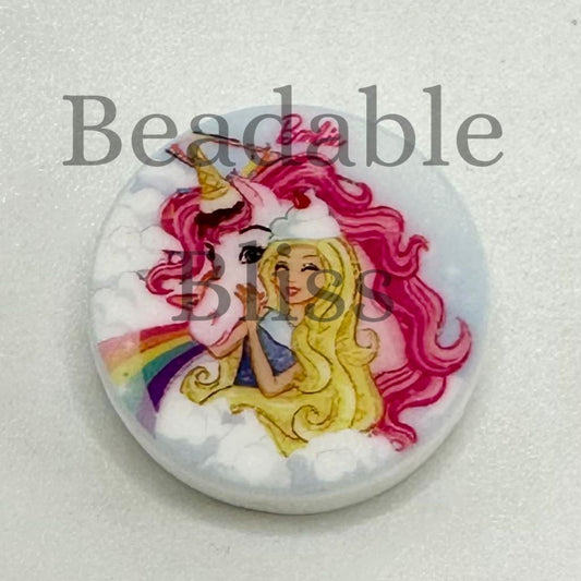 Barby With Unicorn, Doll Girl, Cute Princess on Clouds Silicone Focal Beads