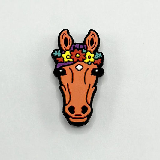 A Cute Brown Horse with Garland Flowers Silicone Focal Beads