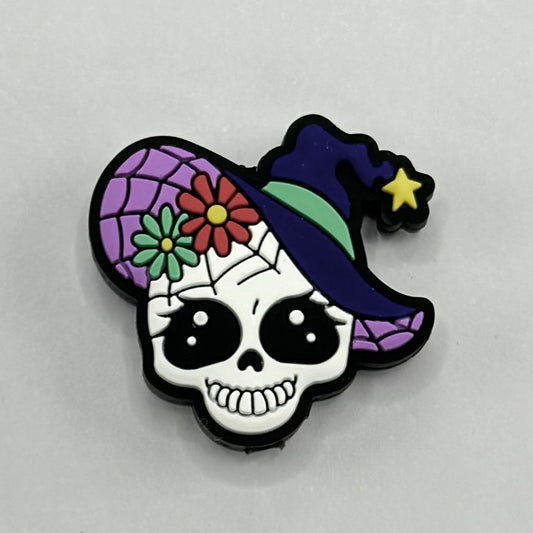 Skull Wizard Wearing Witch Hat with Flower and Star Silicone Focal Beads