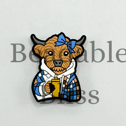 Highland Cow Wearing Plaid Sweatshirt Blue Bow Holding Coffee Cup Silicone Focal Beads