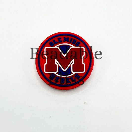 Red "M" Logo with Blue "Olemiss Rebels" Text American Football Silicone Focal Beads