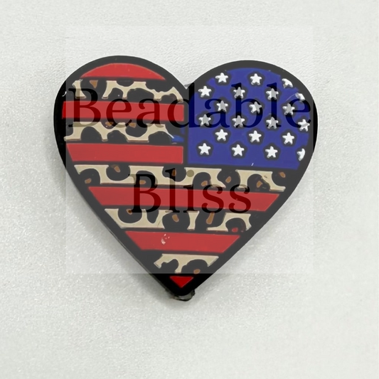 Heart icon, American Flag, USA Heart, Jaguar Print, National, Patriotic Silicone Focal Beads