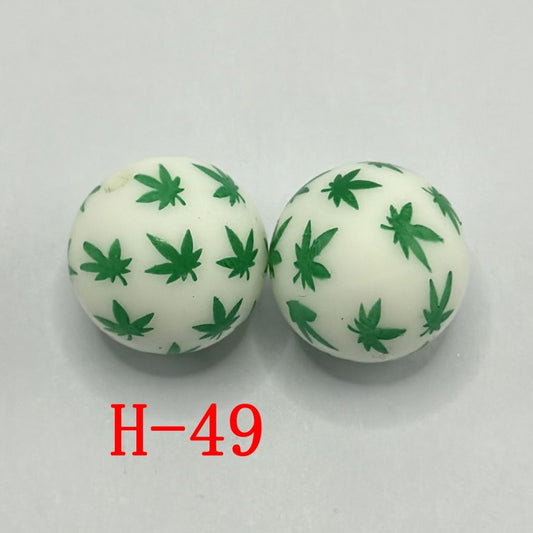 Green Happy Leaf Hemp Print White Ball Round Printed Silicone Beads 15mm