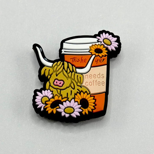 This Heifer Needs Coffee Highland Cow with Colorful Flowers and Silicone Focal Beads