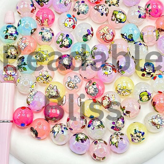 Bubble Bo Character Print Round Acrylic Beads, 16mm, Random Mix