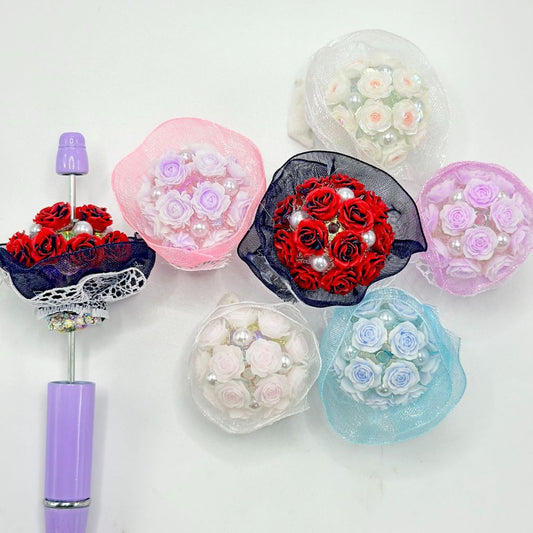 Rose Beads in Fancy Flower Bouquet Shape, Acrylic Beads for Valentines Day, 30mm, Random Mix Color,