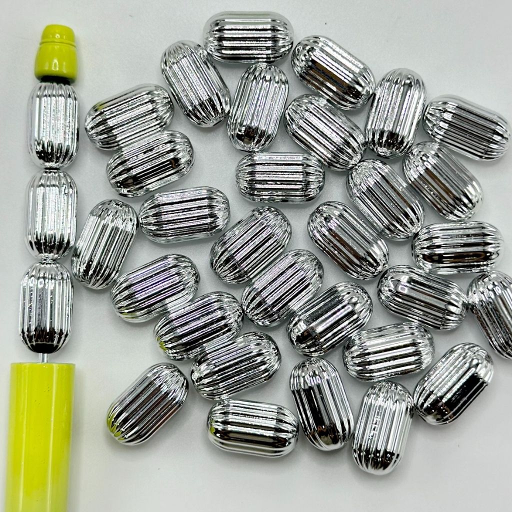 Silver Color Striped Cylinder Beads, Acrylic Beads 9.6*17mm