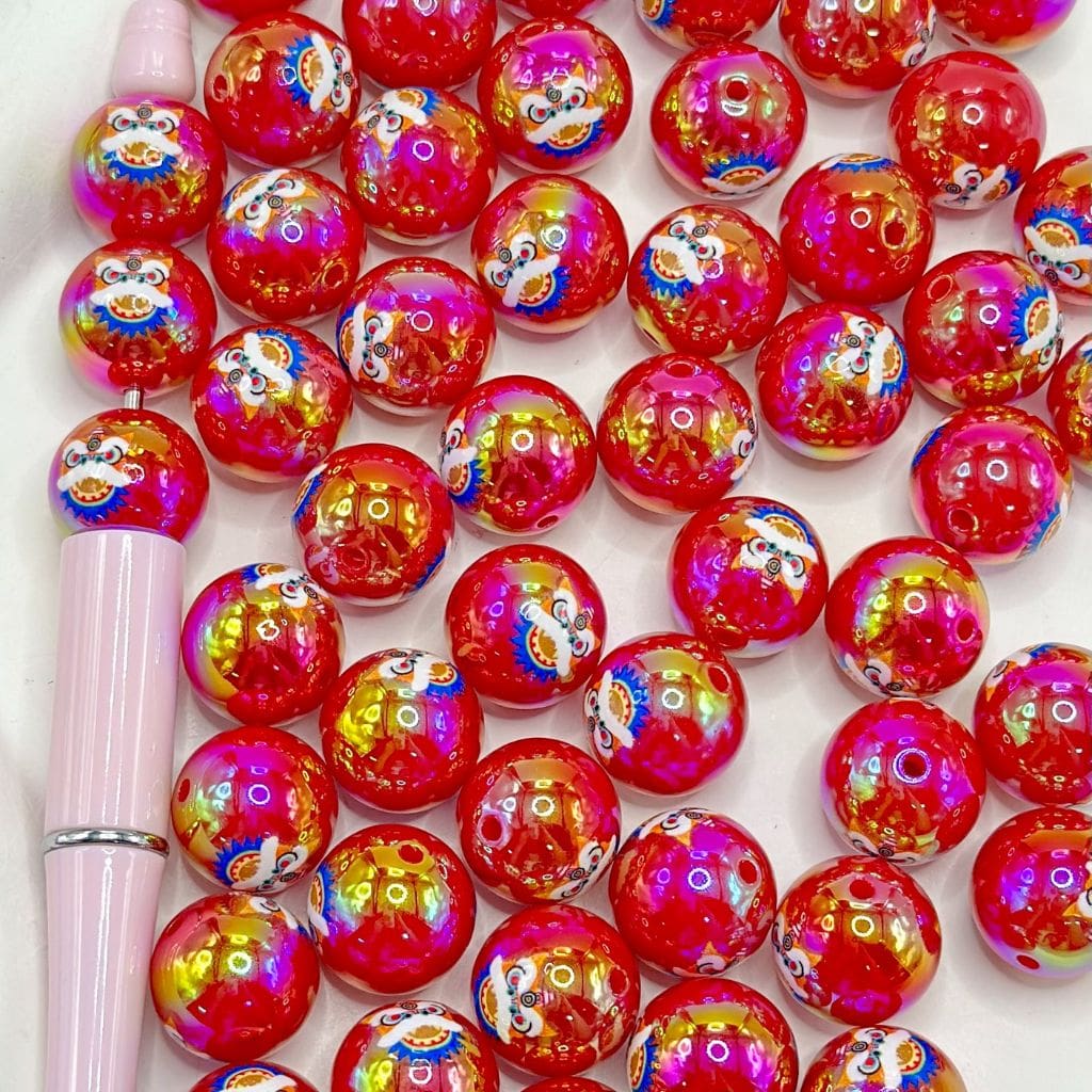 UV Coating Red Chinese Dance Lion Round Acrylic Bead, 16mm