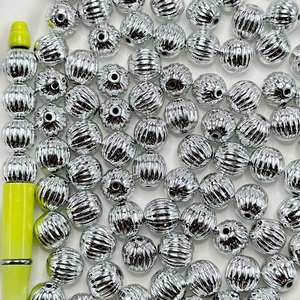 Silver Striped Lantern Pumpkin Round Striped Acrylic Beads 14mm, Random Mix