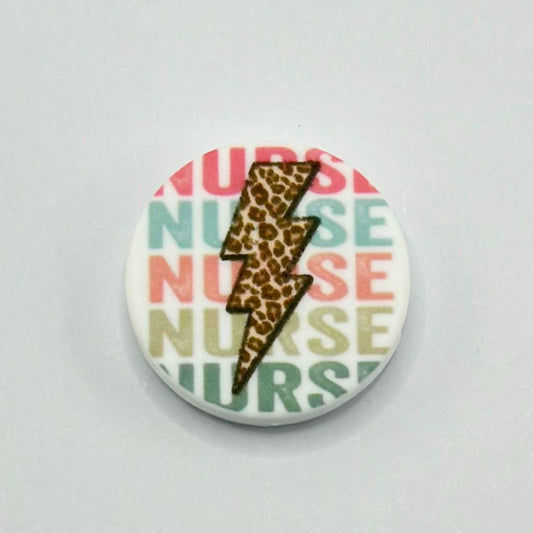 Colorful ''Nurse'' Text with Jaguar Printed Lightning Bolt Round Silicone Focal Beads