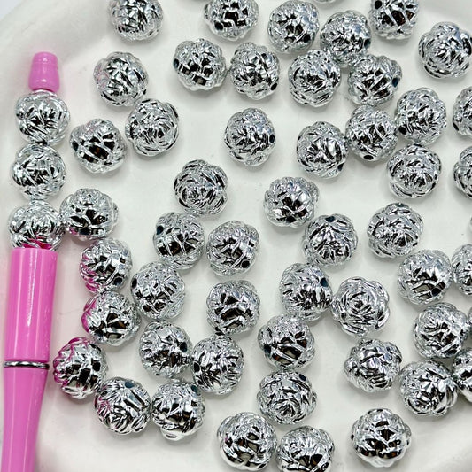 Silver Color Rose Flower Lotus Design Acrylic Beads, 16mm