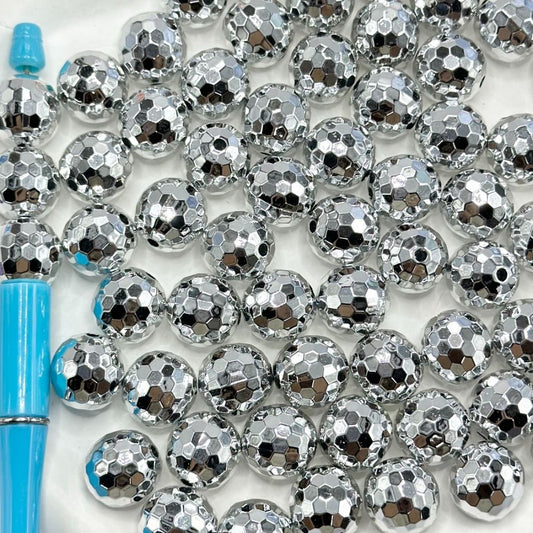 Silver Color Disco Ball Round Shiny Faceted Acrylic Beads, 16mm